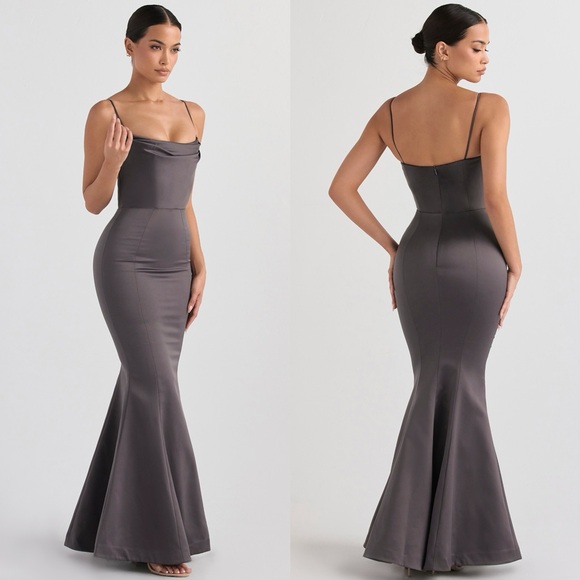 HOUSE OF CB 'Violette' Shadow Grey Satin Fishtail Gown - Picture 2 of 4